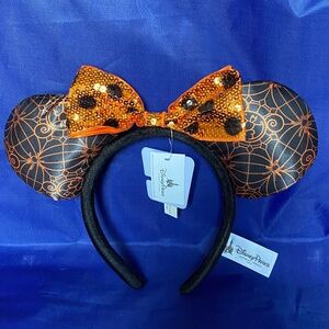 NWT Disney Parks Halloween Minnie Mouse Sequin Black Orange Spider Web Ears